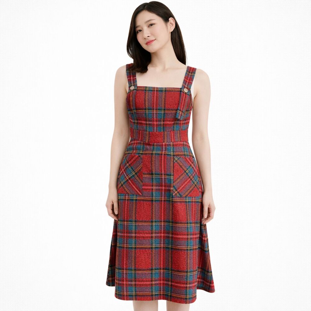 Cider Gingham Ruffle Midi Overall Dress XS